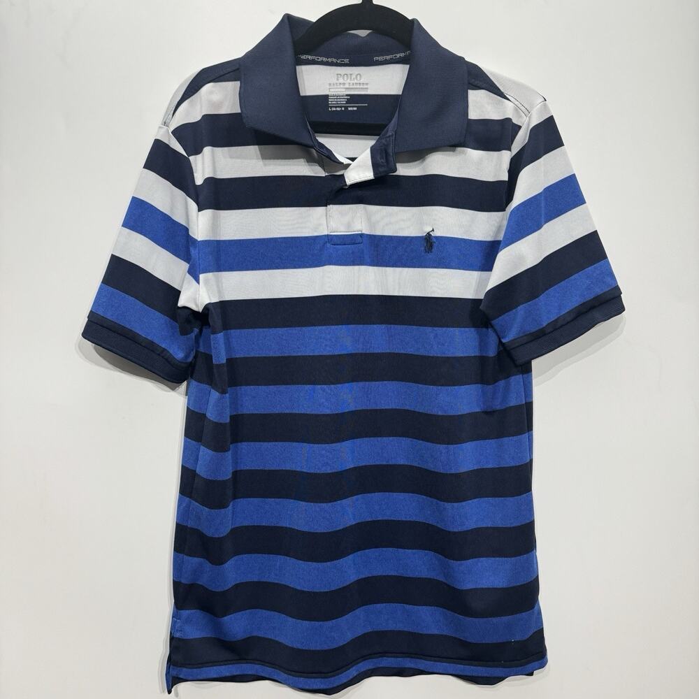 POLO Ralph Lauren Boys Performance Polo Shirt L (14-16) Blue Stripe Golf Preppy